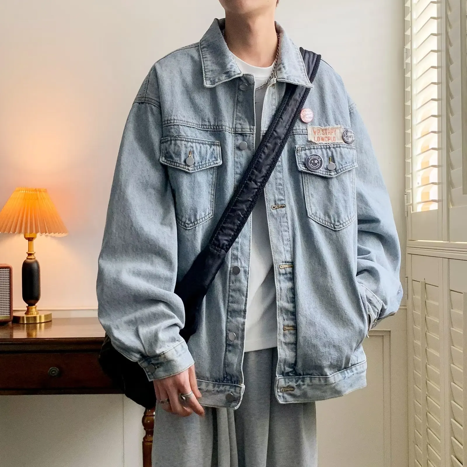 

Loose Fit Men's Denim Jaet Autumn Winter Vintage Sle Long Sve irt Outerwear Soft Emed 3D Pattern Hong Kong Sle