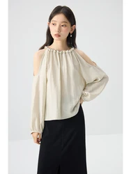 ZIQIAO French Style Linen Material Off-shoulder Women Shirt 2024 Summer New Unique Design Halter Neck Female Top 24ZQ92282