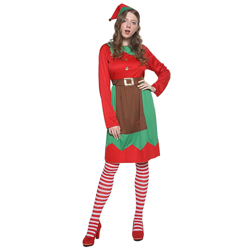 Christmas Family Cosplay Green Elf Santa Claus Costume Carnival Party New Year Fancy Dress Clothes Set for Men Women Girls Boys