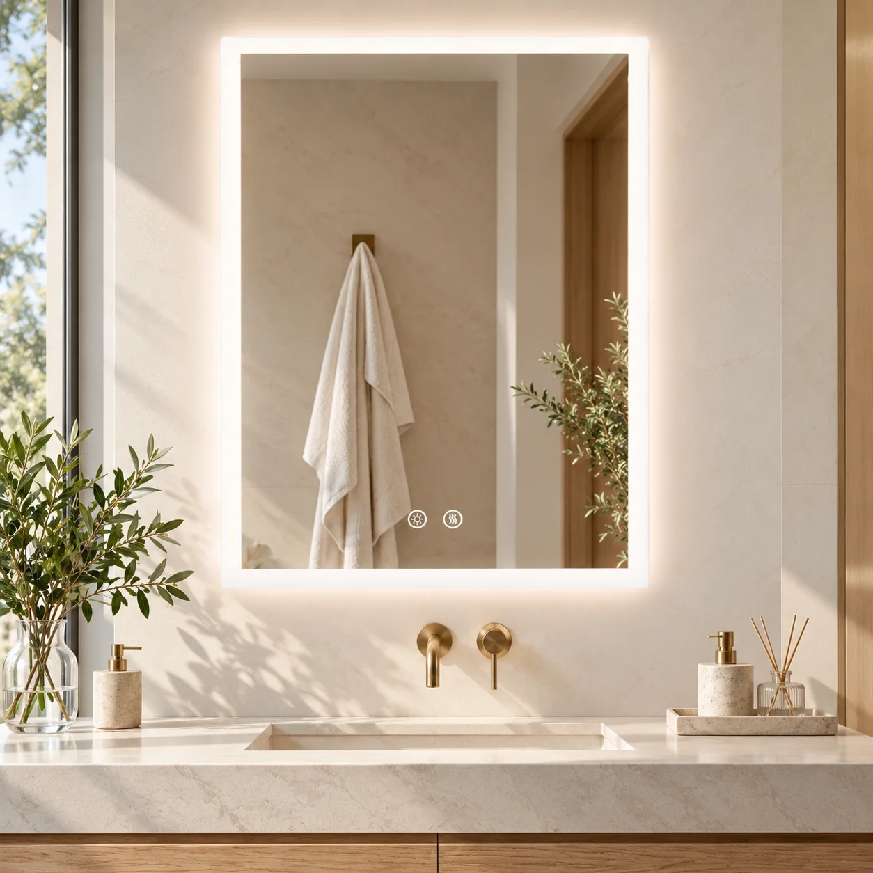 LUVODI LED Bathroom Mirror Rectangle Backlit Vanity Mirror with 3 Color Dimmable Lighting Anti-Fog with Memory Function IP44