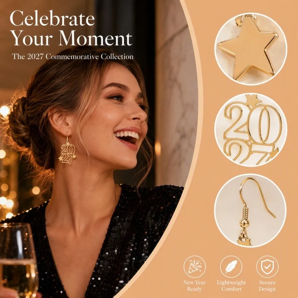 Elegant 2027 Digital Earrings Hollowed-out Fashion Metal Iron Happy New Year Earrings Star Design Long Drop Stud Earrings