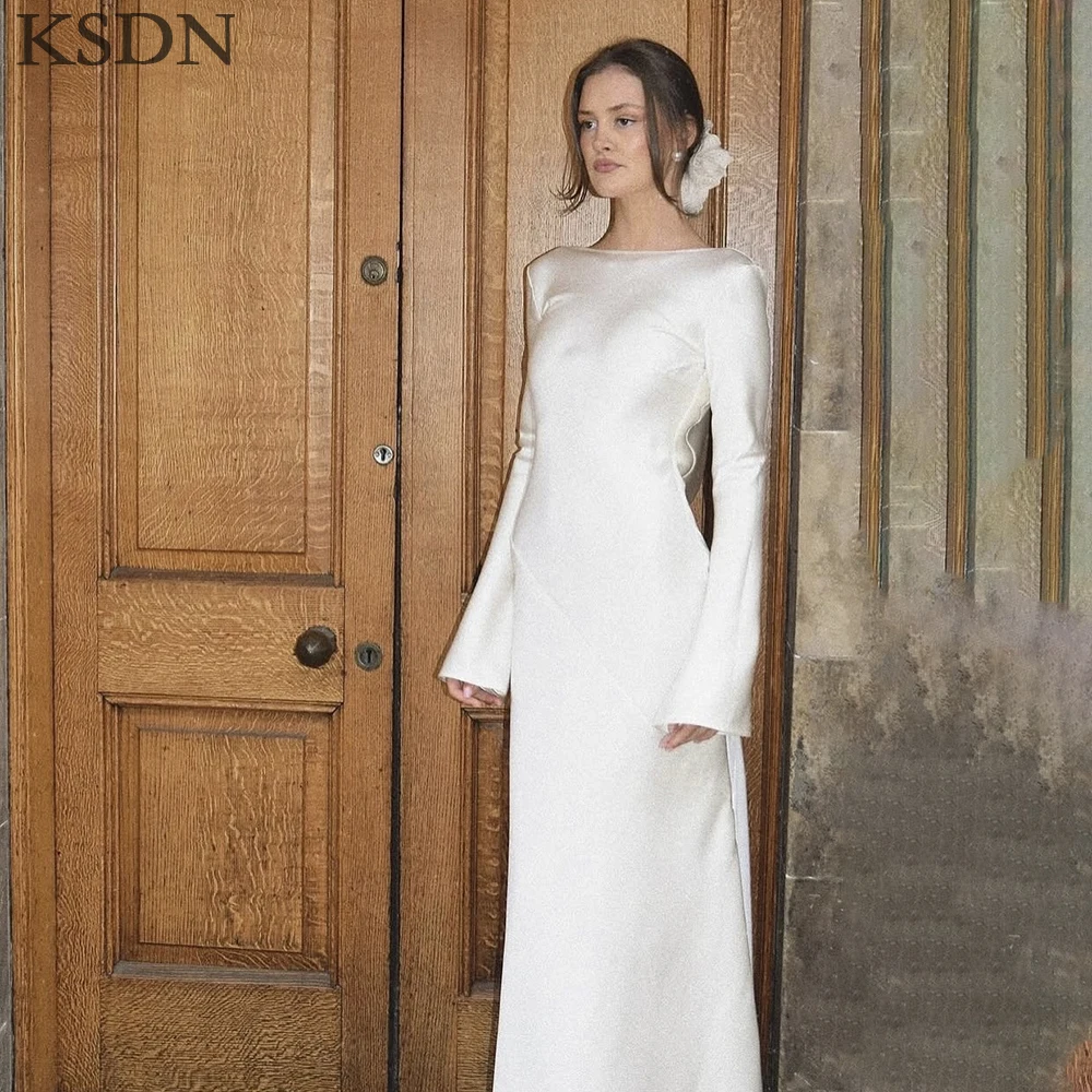 

Pretty White Evening Dresses Fashion O-Neck Long Sleeve Floor Length Sweep Train Dress Special Occasion Prom Gowns Vestidos