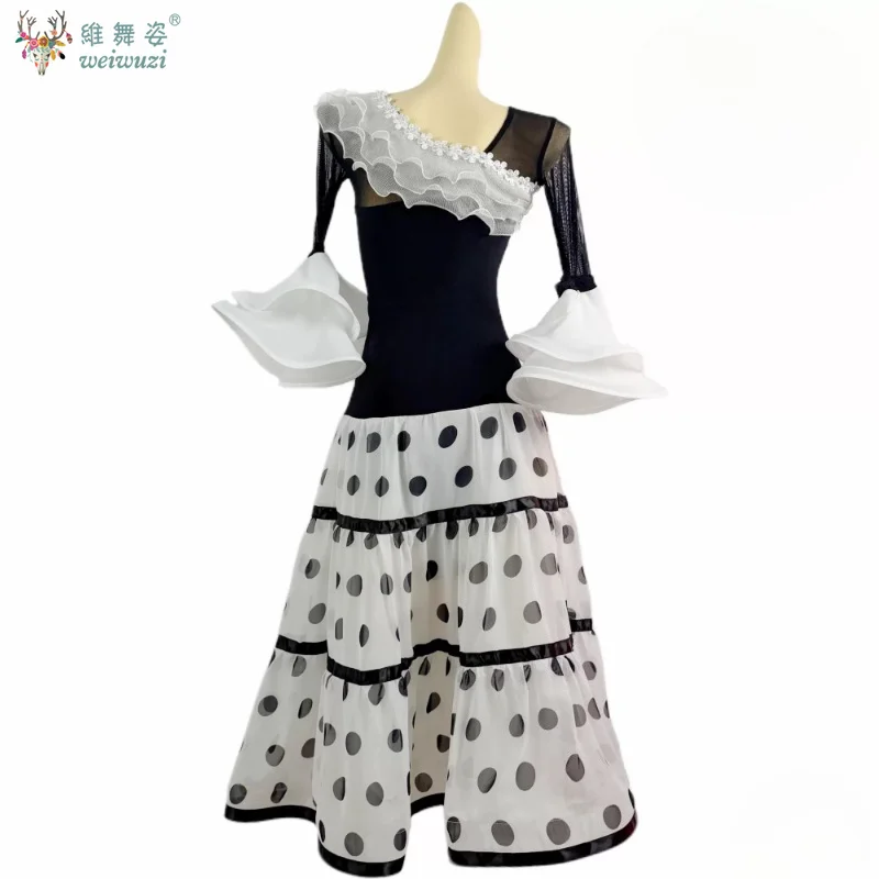 Elegant Modern Dance Practise Clothes Adult Polka Dot Cake Skirt Female Waltz Foxtrot Ballroom Big Swing Performance Dresses