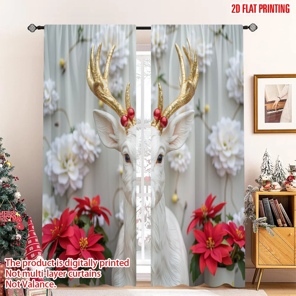

2pcs 2D flat printing Merry Christmas Scene Curtains White Reindeer Christmas Poinsettia Polyester Without Electricity Holiday