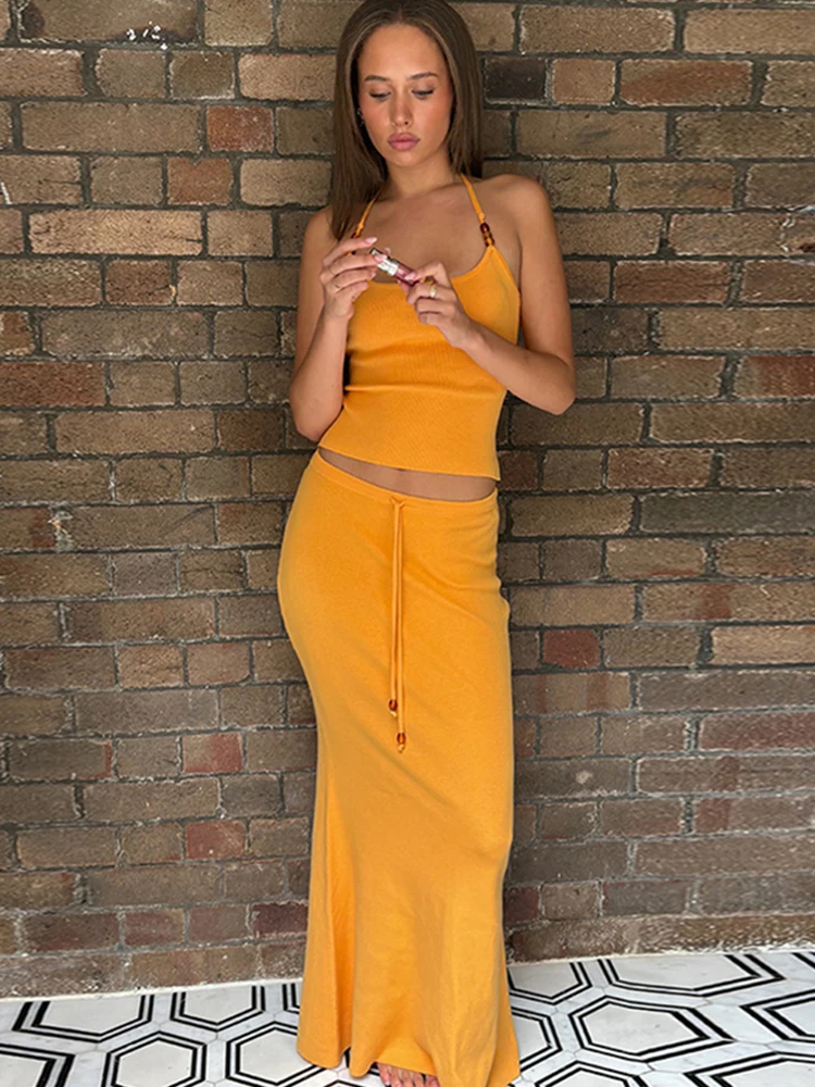 

Weird Puss Pearl Shirring Fashion 2 Piece Set Women Lace-Up Halter Backless Crop Tops+Stretch Skirts Vacation Beach Party Suits