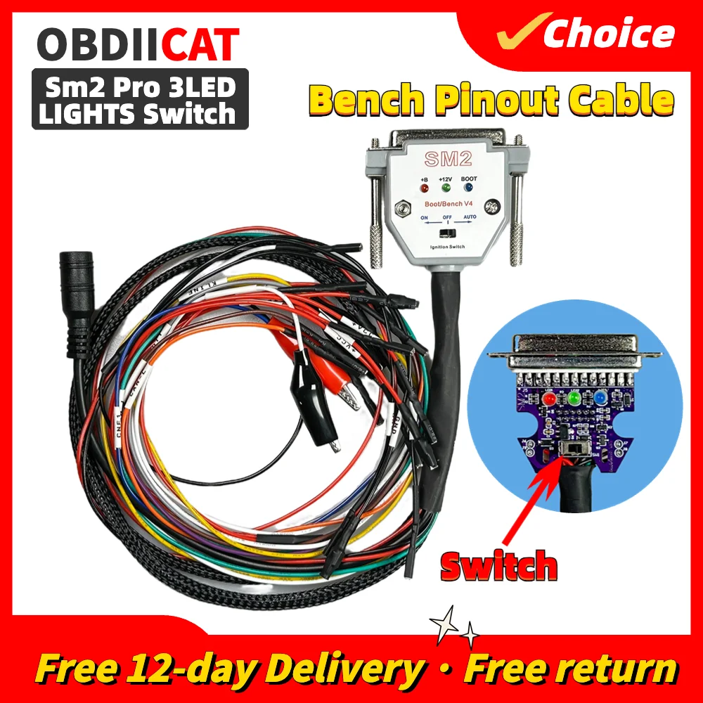 SM2 PRO 3 LED LIGHTS Boot Bench Cable DB25 ECU Bench Pinout Cable For SM2 PRO J2534 VCI Read And Write ECU BATT VCC KLINE CAN-L