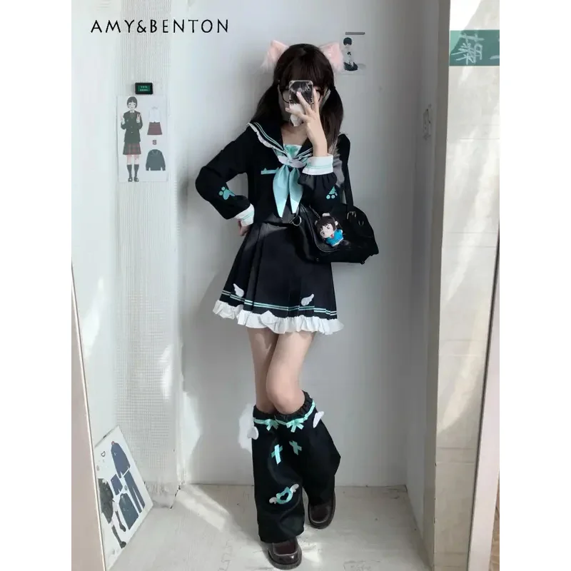 25COSKawaii Preppy Style Jk Uniform Suit Japanese Navy Collar Long-sleeved Short Shirt Ruffle Edge Patchwork Pleated Skirt Twins