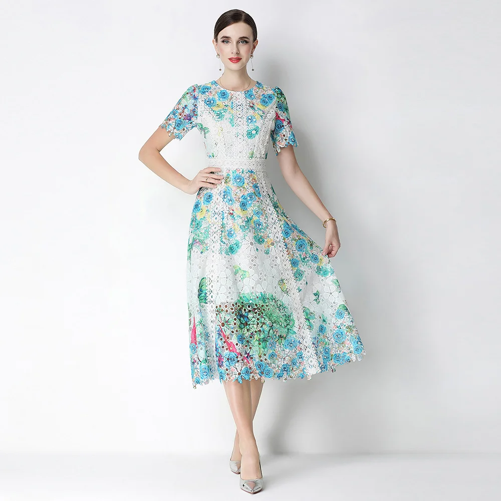 

Embroidery Formal Luxury Evening Midi Dress Women Summer Crochet Flower Hollow Out Short Sleeve Lace Long Dresses Party Vestidos