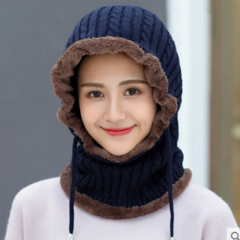 2022 Hijab Cap Women\'s Dense Hat Women Knitted Cap Mask Set Hooded for Winter Warm Russia Outdoor Ski Windproof Hat Beanies