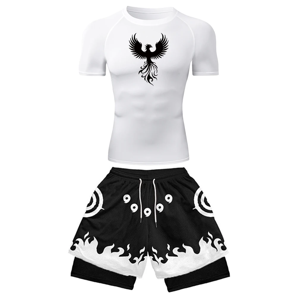 

Men's Anime Gym Set Phoenix Compression Shirt & 3D Printed 2-in-1 Shorts Workout Suit Fitness Sportswear with Inner Lining