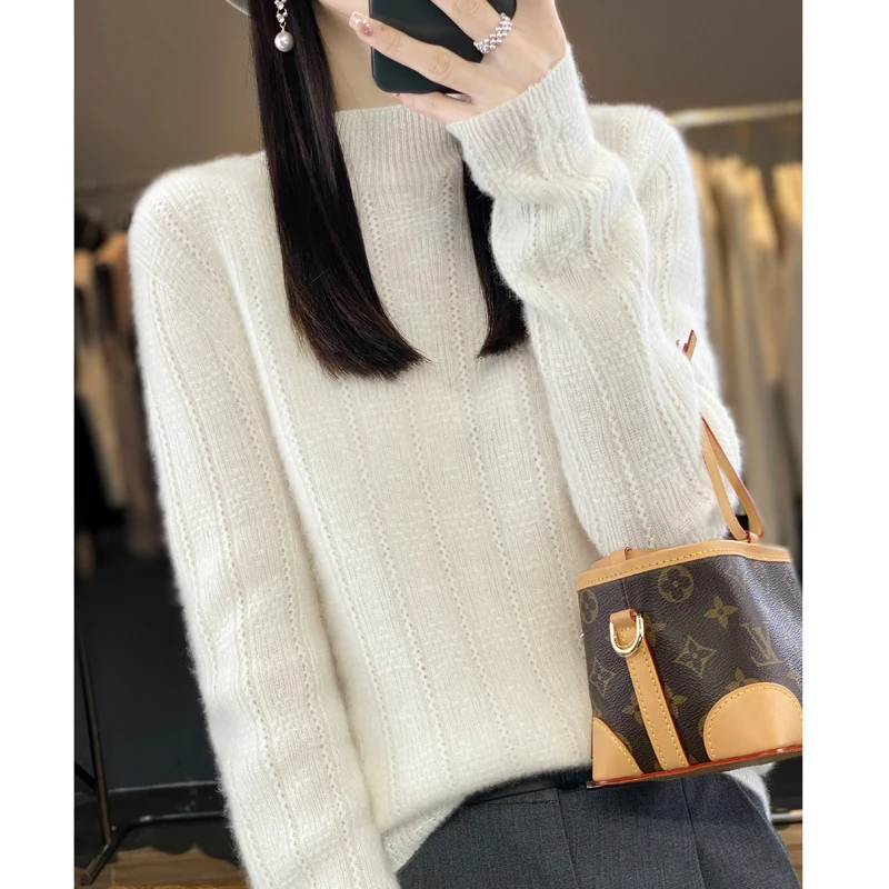 AutumnWinter New Woolen Sweater Women's Half High Neck Long Sleeve Pullover 100 Pure Wool Loose Solid Color Hollow Space Sweater