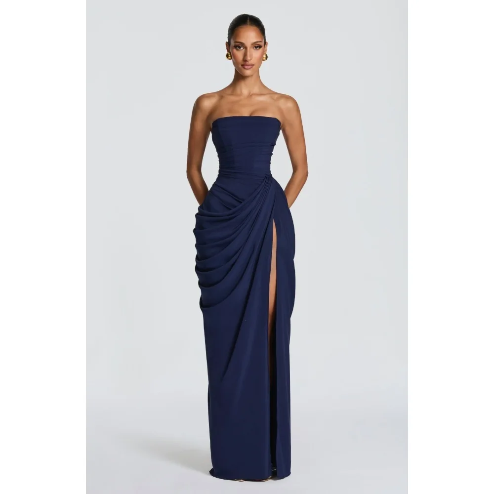 2026 new strapless evening dress women's long pleated slit sexy party dress European and American style view 6