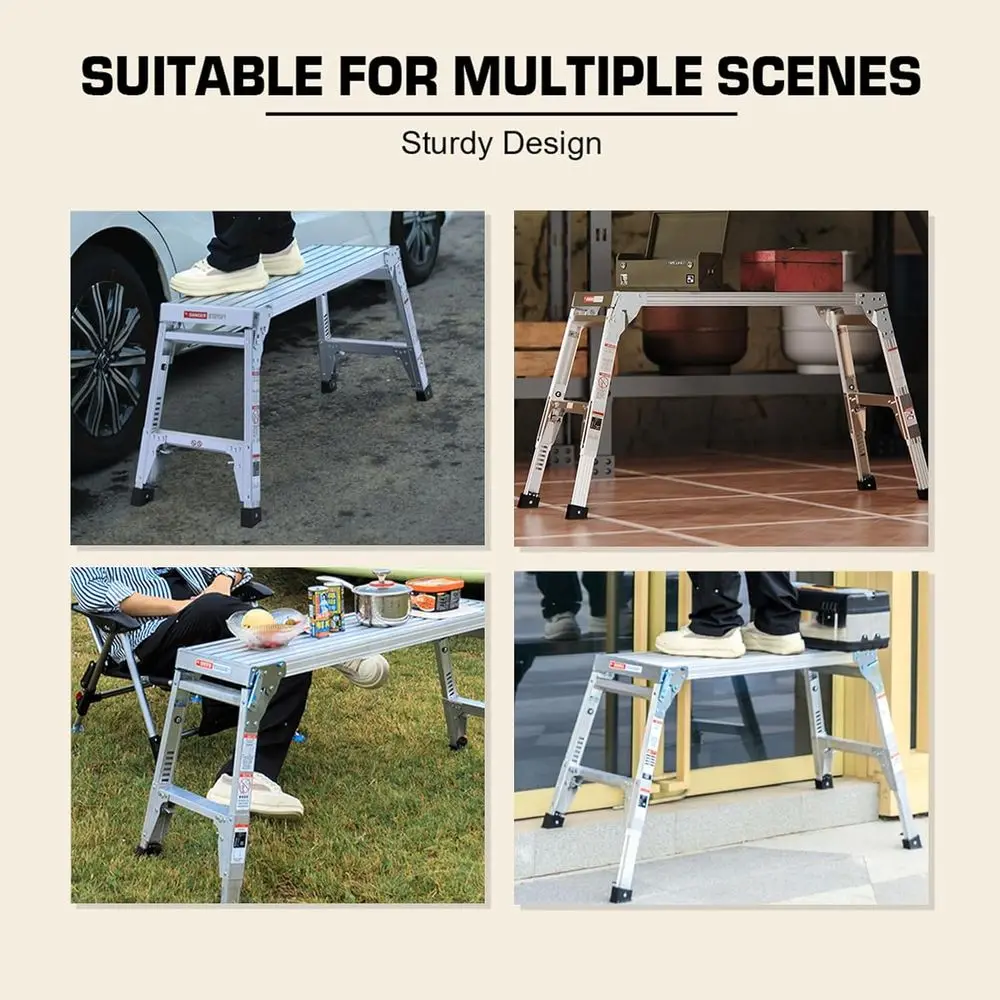 Aluminum Folding Work Platform/Step Stool with Telescoping Legs 22 - 27.5 Height Adjustable - 225 lbs, Non-Slip, Portable Ladder