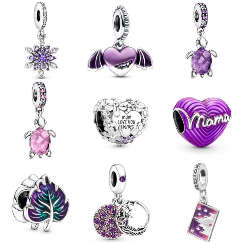 2024 Purple Charms Love Heart Feather Diamonds Charms Beads Fit Pandora Bracelets Keychain Necklace DIY Jewelry For MOM Gift