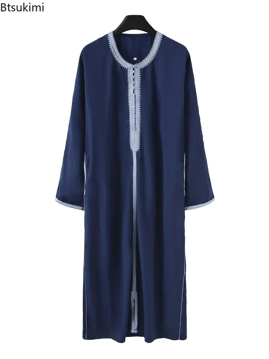 2026 Men's Elegant Embroidered Abayas Muslim Men Dress Loose Casual Robe Breathable Moroccan Islamic Clothing Arab Kaftan Thobe