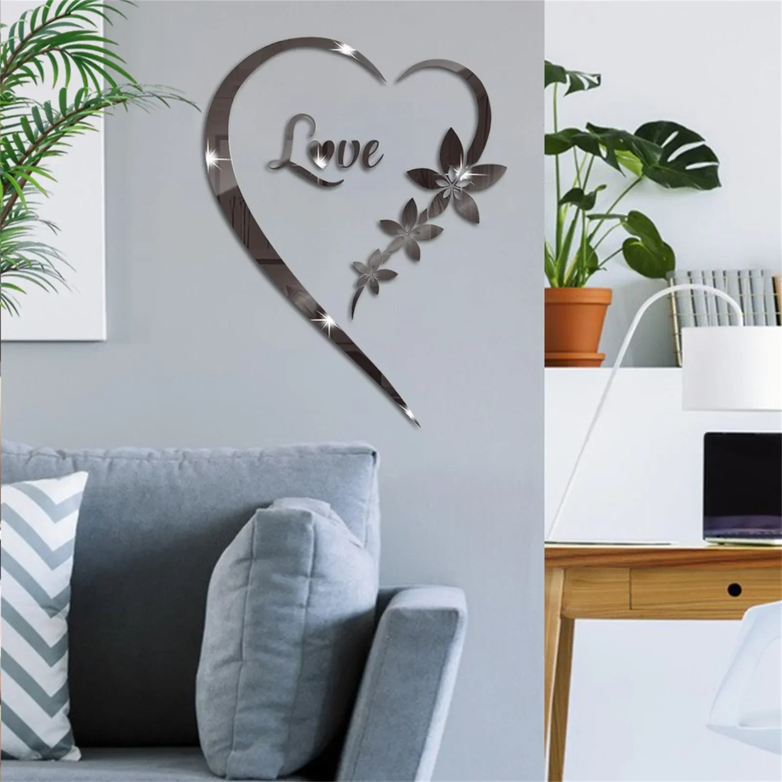 3D LOVE Acrylic Mirror Wall Sticker Heart-Shaped Reflective Self-Adhesive Bedroom Living Room TV Background Home Decoration