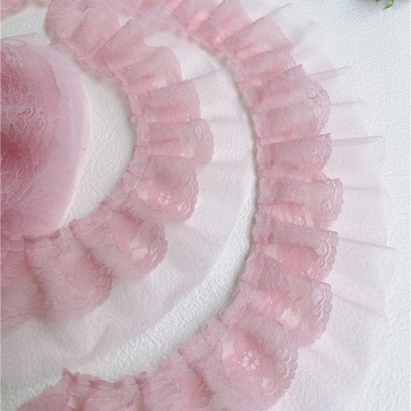 8cm Wide Double-layer Pleated Embroidered Pink Tulle Lace Fabric DIY Women\'s Clothes And Children\'s Clothing Sewing Decoration