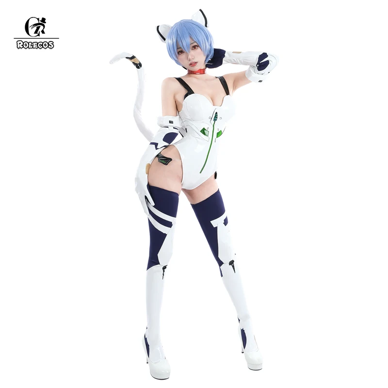 

ROLECOS EVA Ayanami Rei Cosplay Costume With Socks Ayanami Rei Sexy Bunny Jumpsuit Leather Halloween Outfits Women Party Suit