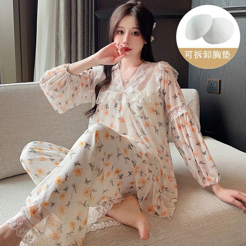 2024 Autumn Long Sleeve Sexy V-neck Cotton Pajama Sets for Women Korean Cute Lace Sleepwear Suit Pyjamas Homewear Home Clothes