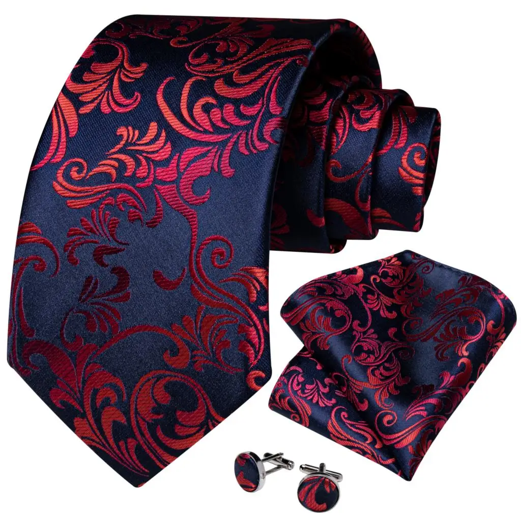 Luxe Rode Bloemen Blauw Zijden Dassen Voor Mannen 8Cm Wide Stropdas Set Pocket Vierkante Manchetknopen Broche Pin Bruiloft Accessoires mannen Gift