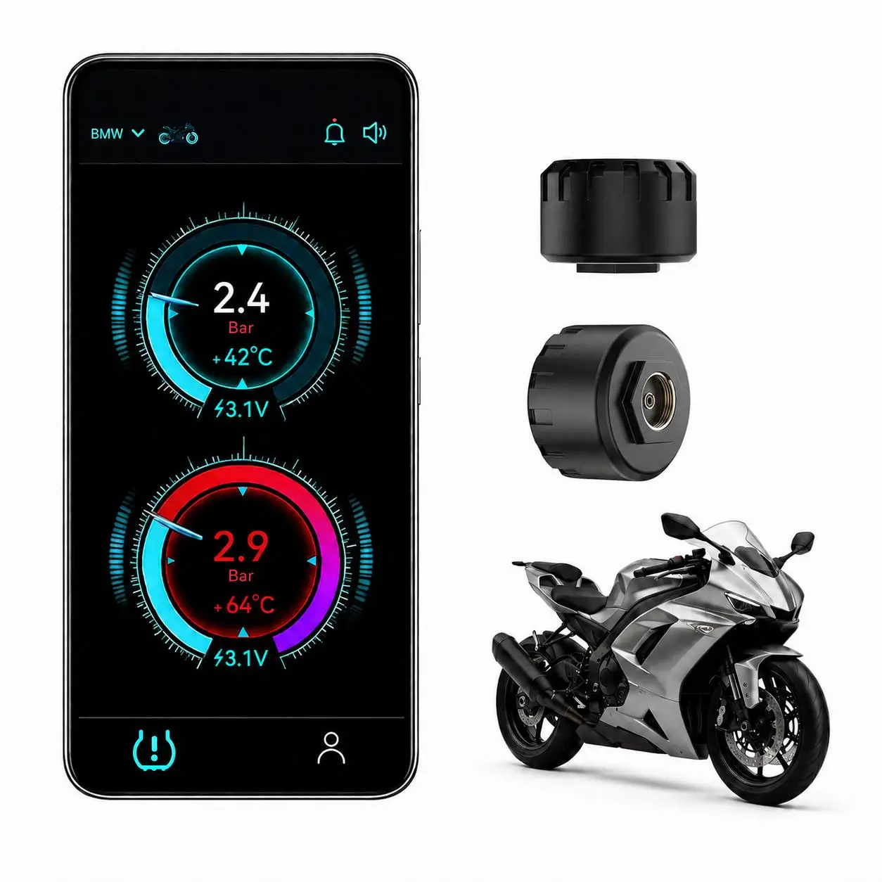 Motorcycle TPMS, Bluetooth 5.0 APP Real-Time Pressure & Temperature Alarm, IP67 Waterproof for Motorbike Scooter ATV