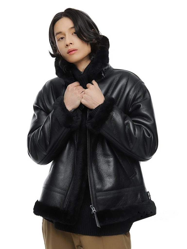

Men's B6 Flight Jacket Style New Zealand Merino Ecological Sheepskin Leather Coat Warmth Thick Business Casual Short Fit