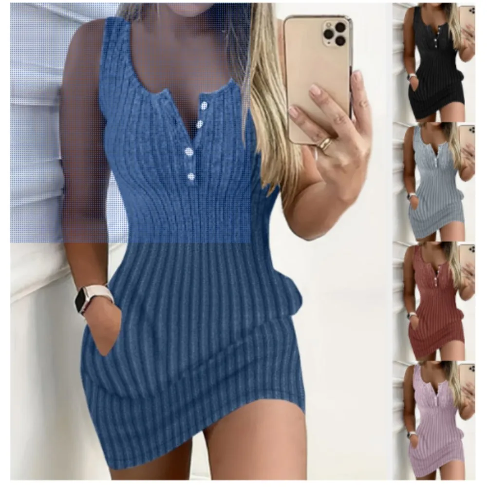 

Ladies Elegant Solid Color Slim Fit Mini Dress 2024 Summer New Fashion Versatile Sleeveless V-neck Button Bodycon Dresses Women