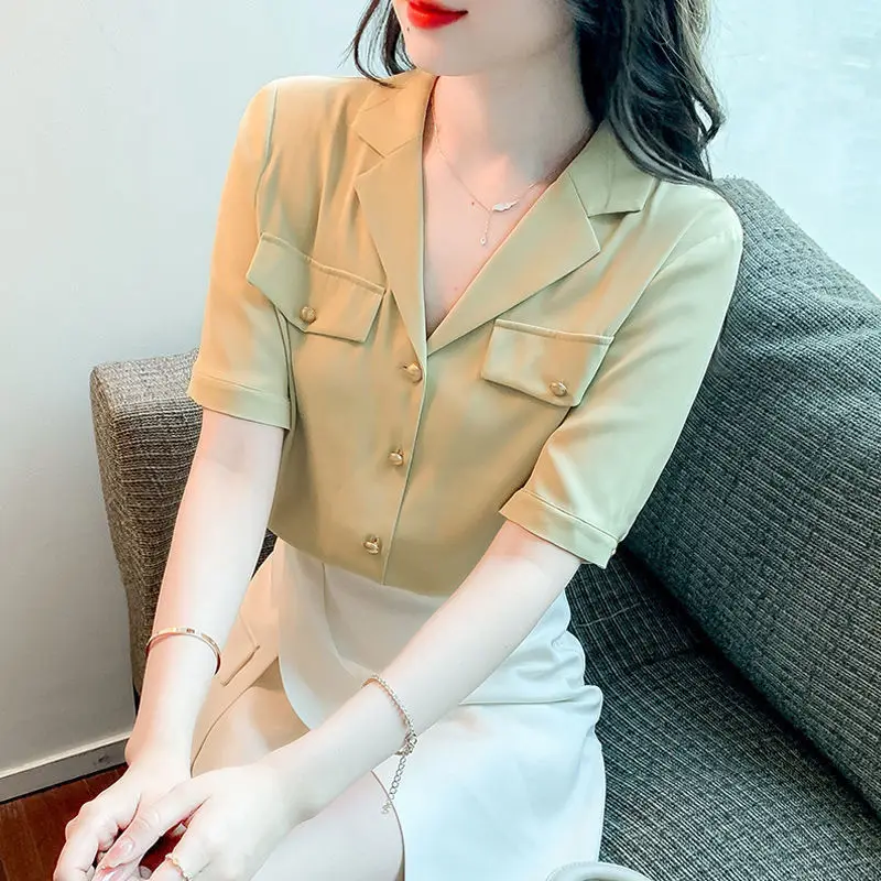 

Elegant Short Shirt French Short Sleeve Blouse Design Yellow Casual Top For Women
