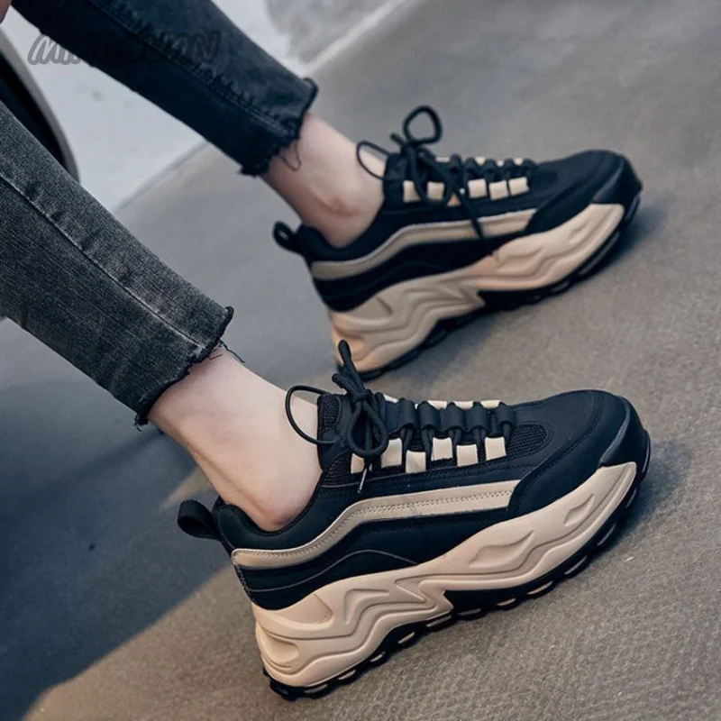 Sneakers Women Spring Women\'s Sneakers Height Increasing Beige Black Autumn Chunky Shoes Leisure Shoes Lace Up Zapatillas Mujer