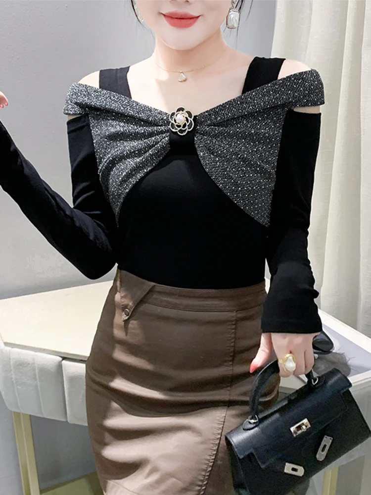 

Ele Long Sve T-irt Women's Slim Fit Base irt Knot oulder Exposure Drill Ele Sle Pure Cotton Autu...