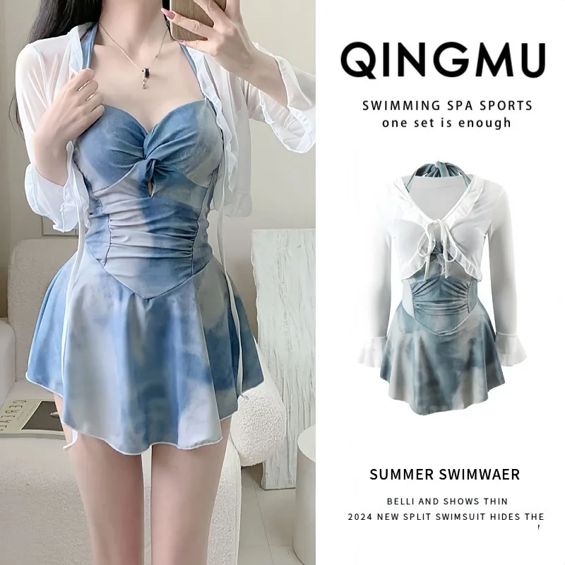 Sexy dulce azul Halter playa Bikini vestido mujeres 2025 nueva moda de verano Slim Onsen traje de baño conservador Bikinis conjunto