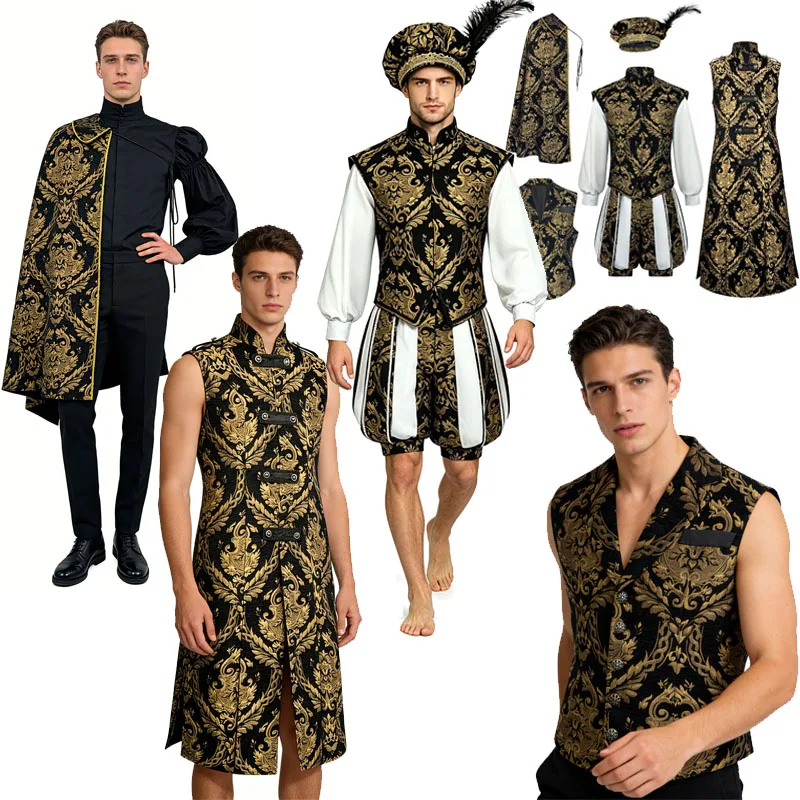 Renaissance Halloween Schwarze Robe Punk Gothic Ärmellose Stehkragen Lange Mantelweste Herren Bühnenkostüm Jacke