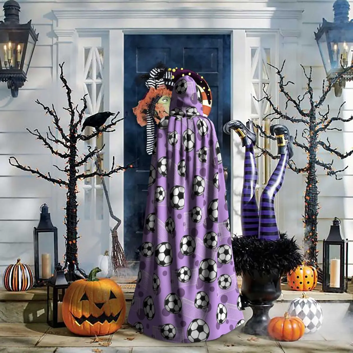 Bola de futebol e gol padrão roxo roxo futebol longo com capuz capa bruxa traje medieval cosplay capa halloweenvampiro