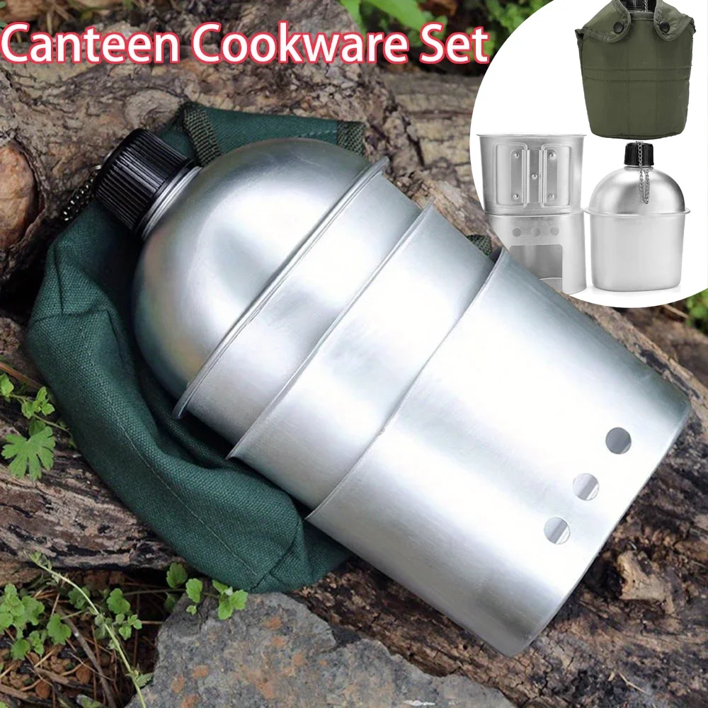 4Pcs/Set Outdoor Military Canteen Cookware Set Aluminum Alloy Canteen Multi-Functional Water Bottle Grab Handled Cup Green Canva