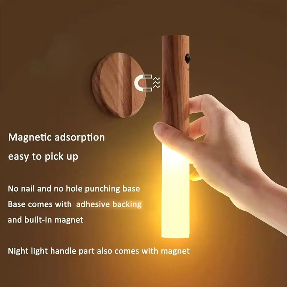 Magnetic Wood Motion Sensor Night Light Rechargeable Wall Sconce Detachable Handheld Torch Lamp Warm LED Light for Hallway