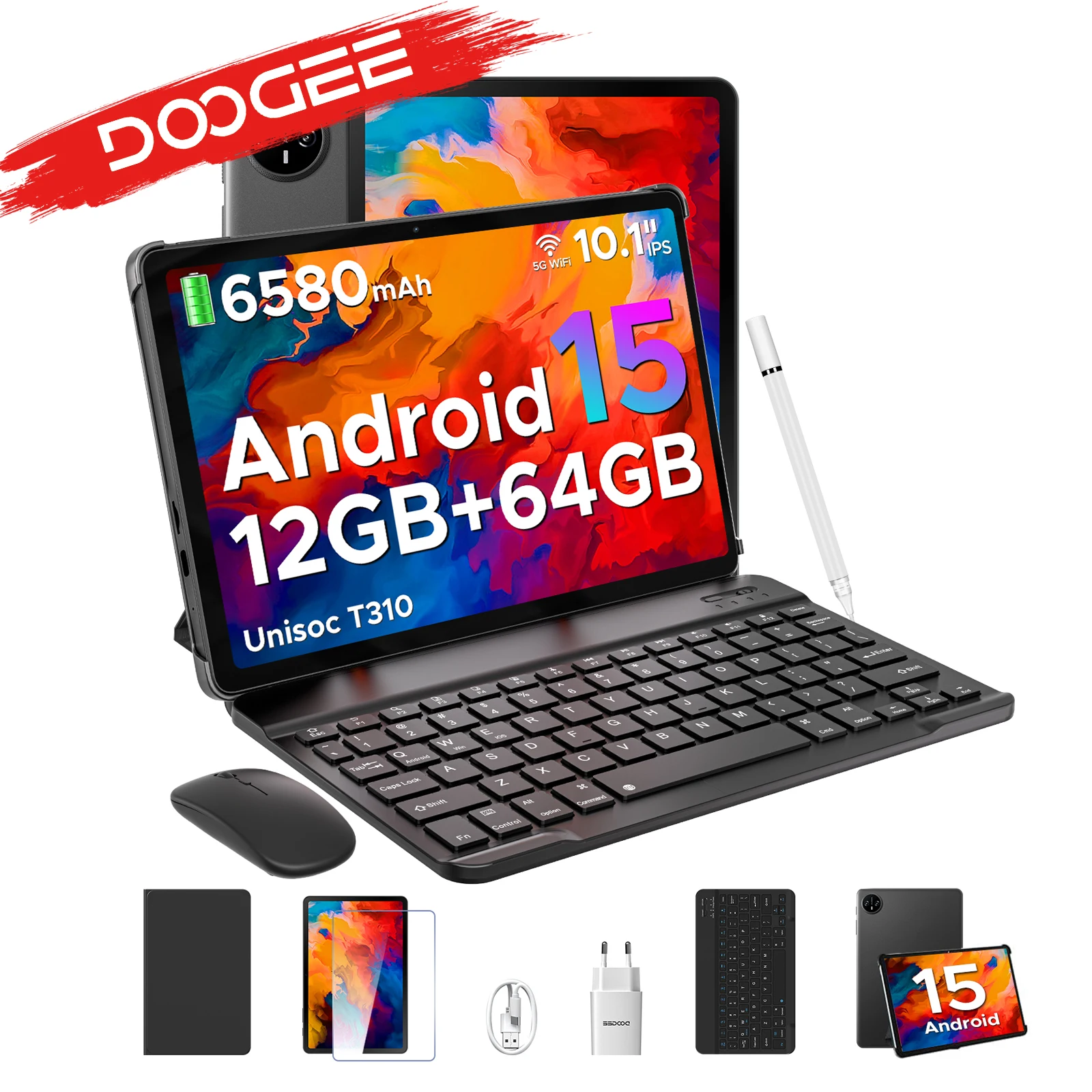 Doogee Tab A9 Tablet Pc da 10.1 pollici Android 15 12Gb Ram(3+9) 64Gb Rom 6580Mah Batteria Doppi altoparlanti 2 in 1 Tablet Pc Set completo