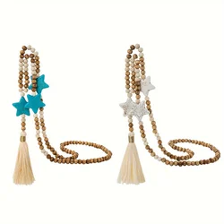 Ethnic style turquoise five pointed star woven wood bead tassel long Y-shaped women's necklace sweater chain versatile