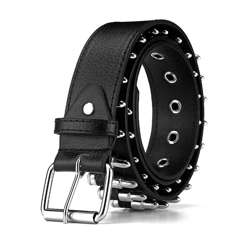 Ladies And Men'S Black Belt Punk Nail Riveted Artificial Leather Waist Double Hole Hip Hop Street Punk Riveted Jeans Belt