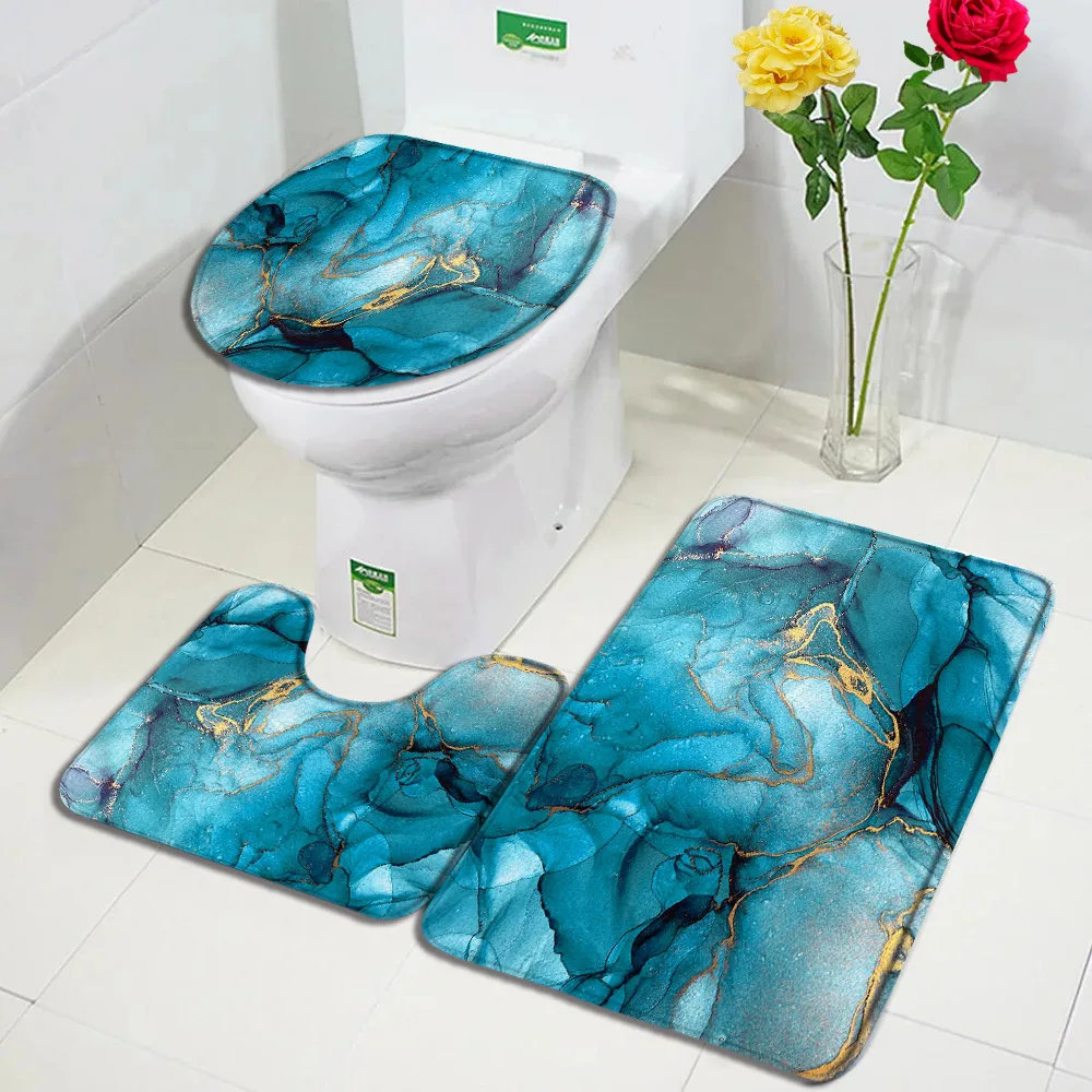 Abstract Marble Bath Mat Set Gold Lines Blue Ink Texture Art Pattern Modern Home Carpet Bathroom Decor Non-slip Rug Toilet Cover