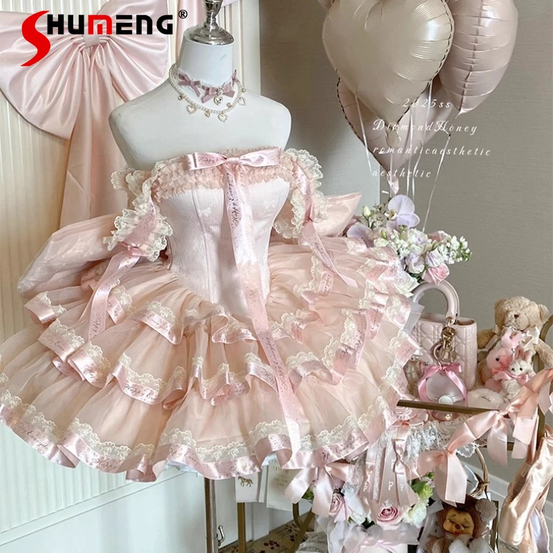 

Japanese Aesthetic Romantic Sweet Girl Beautiful Dresses Ribbon Theme Ladylike Princess Dress Kawaii Boat Neck Slim Fit Vestidos