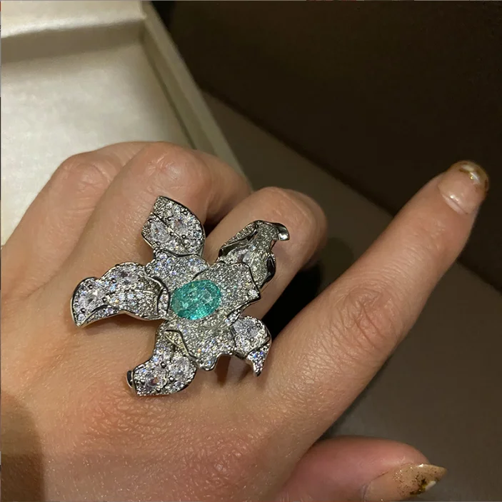 Flower Stamen Blooming Open Ring Tide Light and Luxury Versatile ins Diamond Setting Temperament Girl Ring