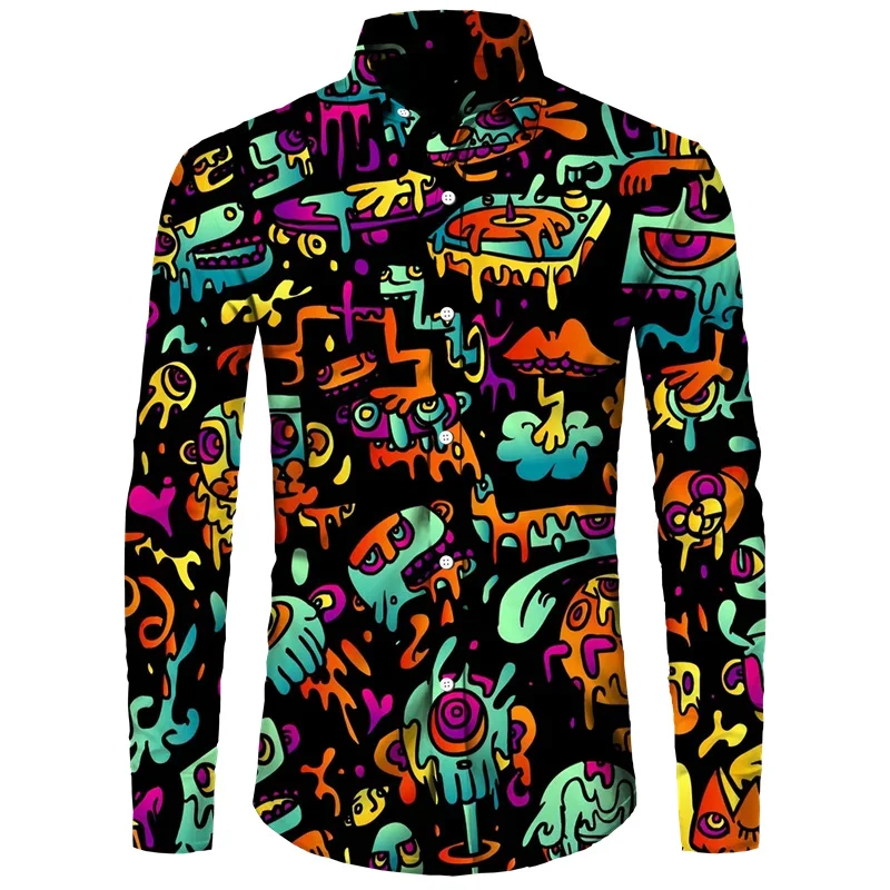 

Fashionable new cartoon pattern men's long sleeved shirt, casual sunshine beach vacation men's shirt