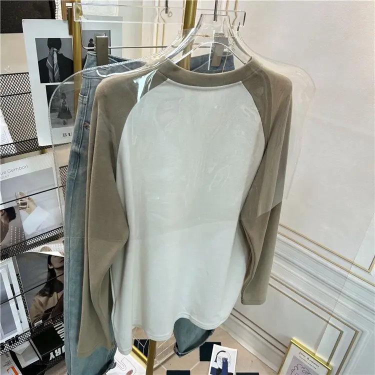 De Rong Basisshirt Dames Contrasterende kleur Schouder Koreaanse losse en slanke dubbelzijdige fluwelen casual T-shirt met lange mouwen Tops