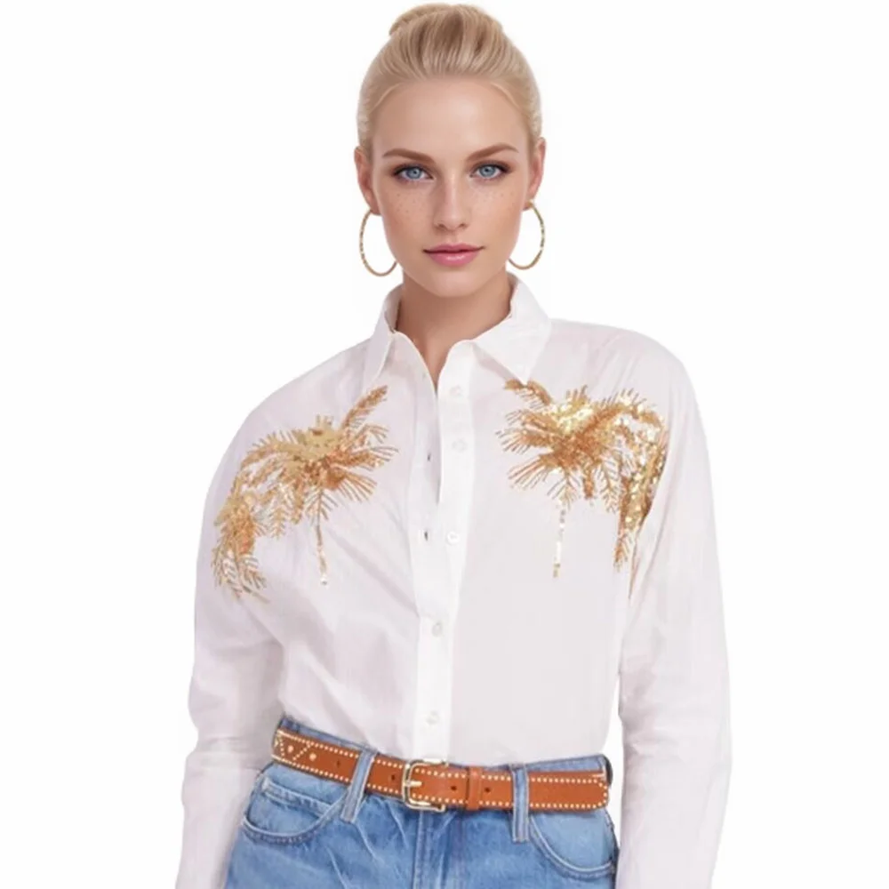 

2024 Summer New Fashion Women's Casual Elegant European and American Style High Quality Bead Embroidered Shirt