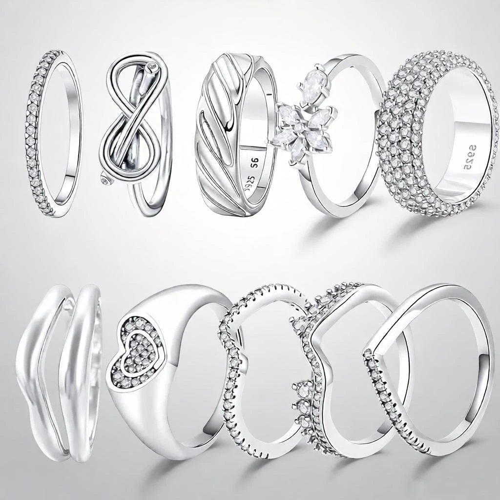Für Frauen Hochzeitsgeschenk Luxus-Schmuck Neuer Original 925 Sterling Silber Ring Liebesherz Wunschknochen Mond Sonne Kristall