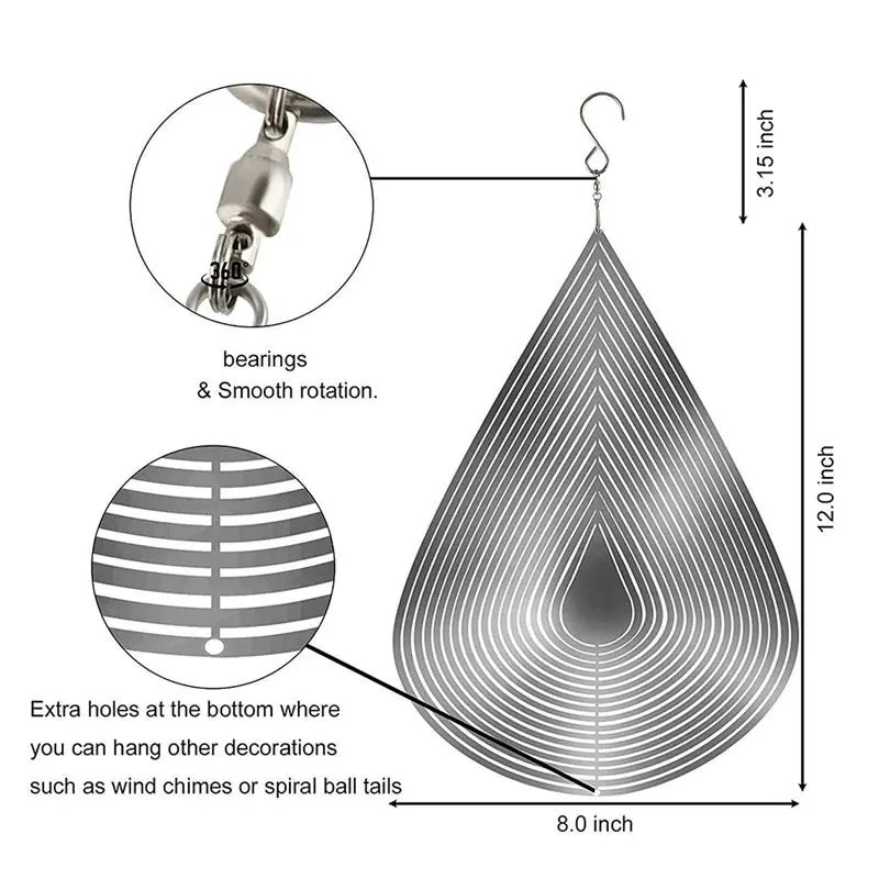 B84B Stainless Steel Wind Spinner Water Drop Shape 3D Flowing Light Effect Decoration for Outdoor Garden Hanging Decor Gift