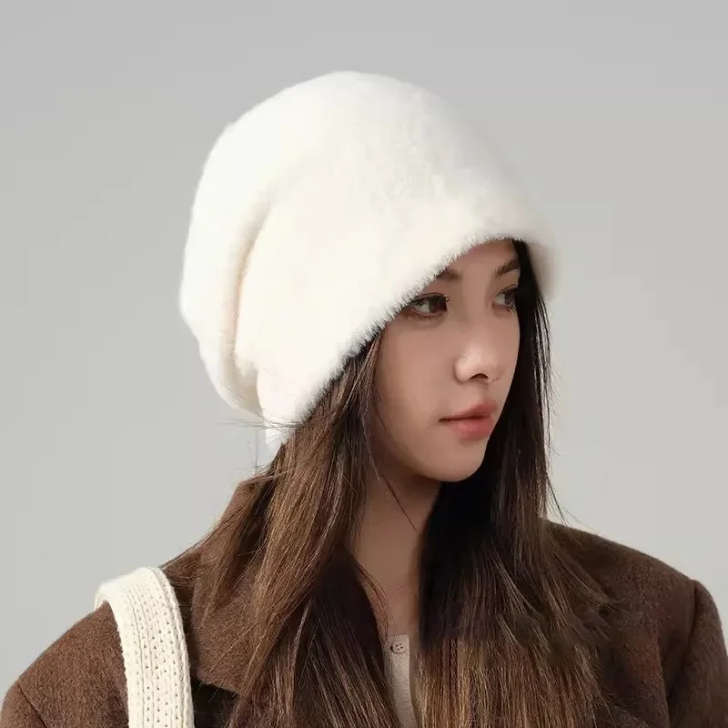 Korean INS Autumn Winter Lovely Soft Fur Pile Up Beanies Plush Fashion Fluffy Hats Premium Feel Sweet Cool Bonnets Warm Wool Cap