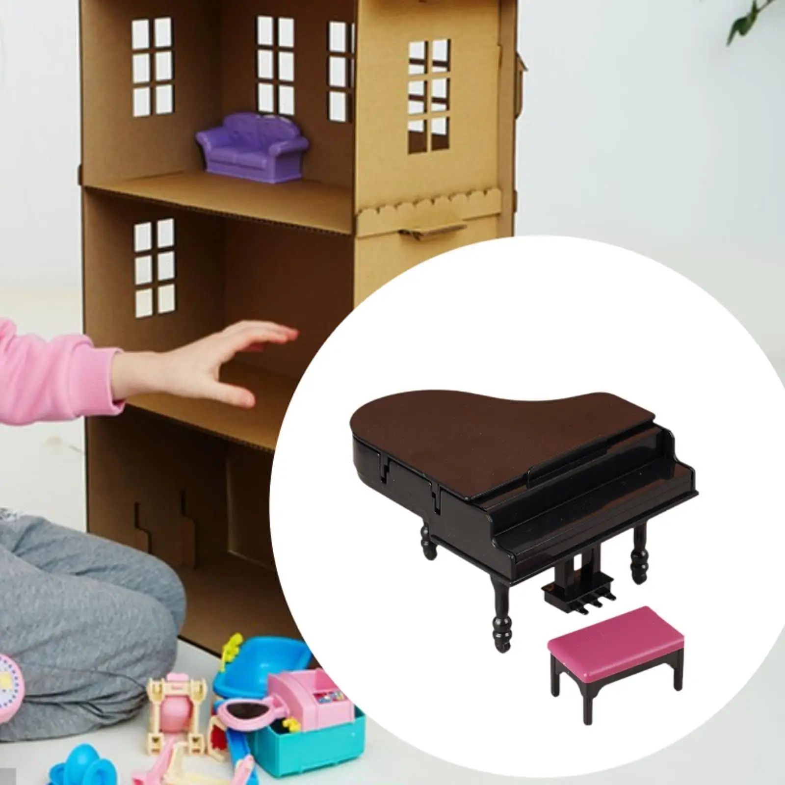 Dollhouse Mini Grand Piano Interactive Flip Cover Miniature Musical Instrument Furniture for Doll House Living Room