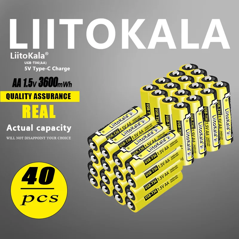 40pcs LiitoKala USB-T36 AA 1.5V 3600mWh rechargeable battery aa supports direct charging of C-line Pilas rechargeable battery