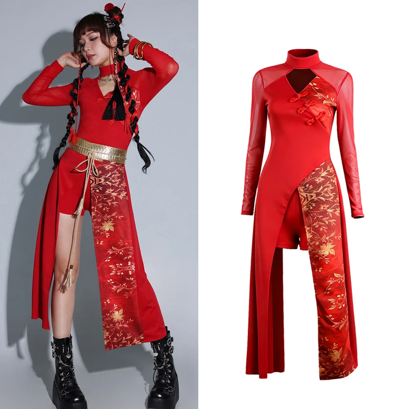 

Красные наряды в китайском стиле, костюмы для джазовых танцев для женщин, ночной клуб, бар, диджей, одежда для выступлений, одежда для танцев на пилоне XH3742